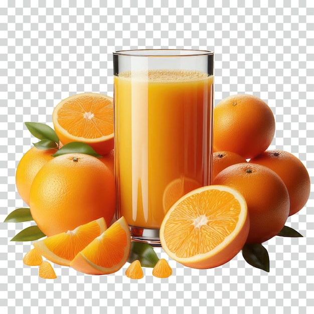 PSD jugo de naranja con naranjas en un fondo transparente