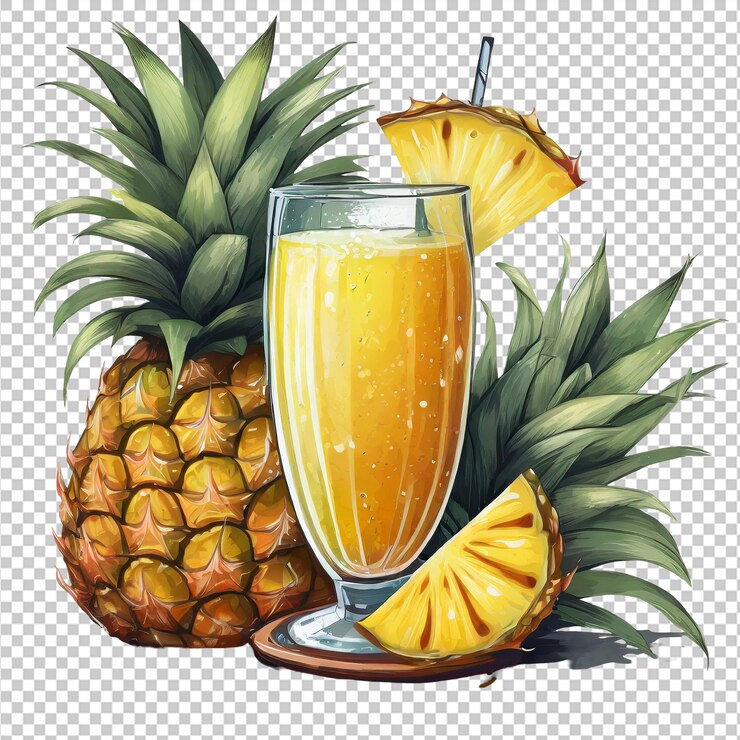 PSD jugo de piña y rebanadas de piña en un recipiente transparente
