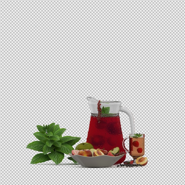 Jugo rojo con frutas render 3d