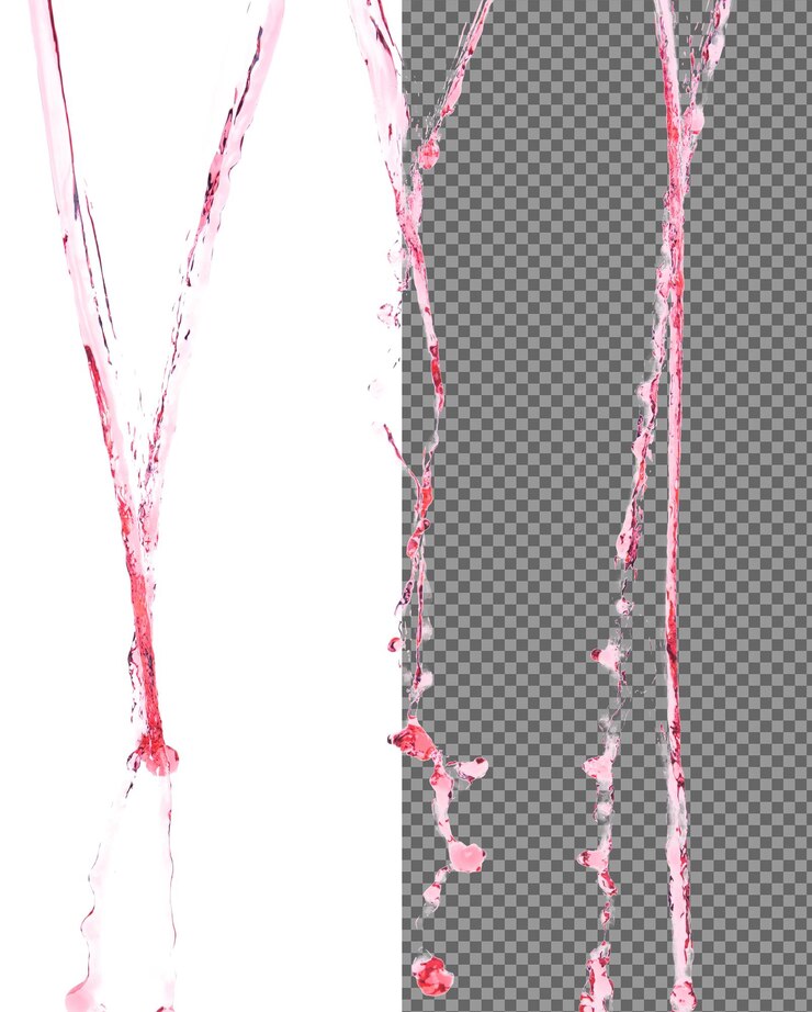 PSD jugo rojo de salpicaduras en el aire agua tomate rojo verter desde el cielo y purificar limpio natural vino forma forma de agua salpicando flujo celebrar sobre fondo blanco aislado