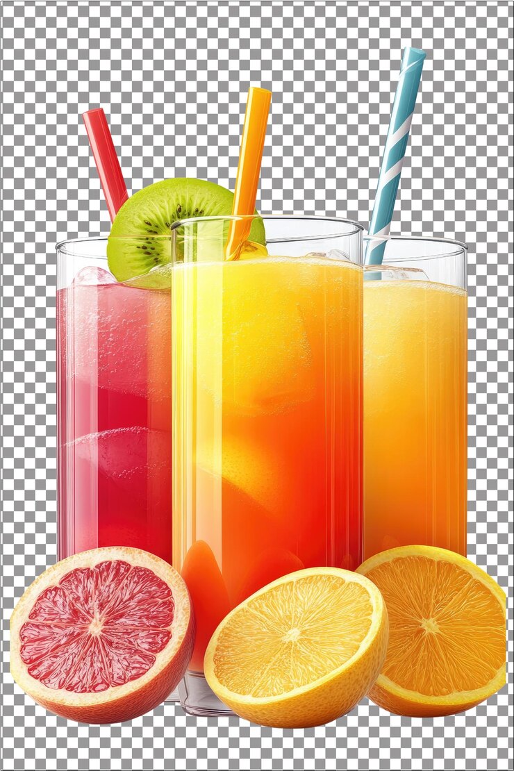 Jugos de diferentes sabores Variedad refrescante y frutal Hiperrealista Blanco aislado y sencillo Transp