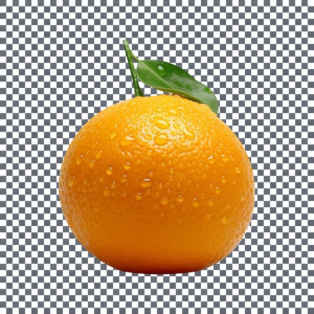 Jugosa y refrescante fruta naranja entera con gotitas de agua aisladas en un fondo transparente