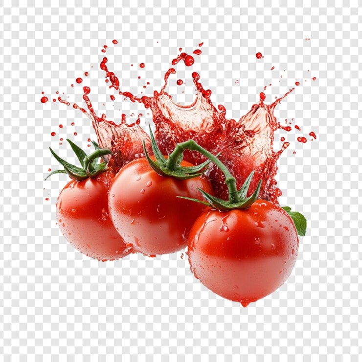 PSD jugosos tomates salpicando una bebida refrescante líquida roja