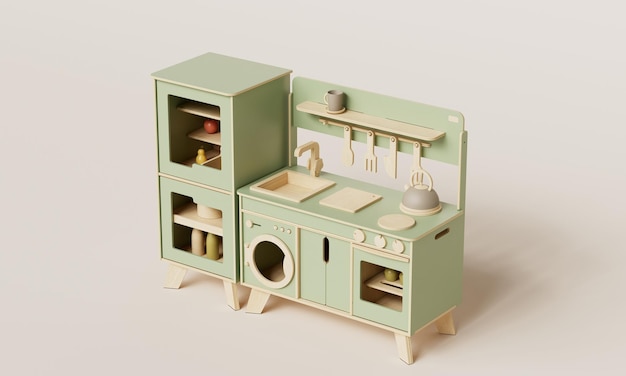 Juguete de cocina en miniatura de madera verde