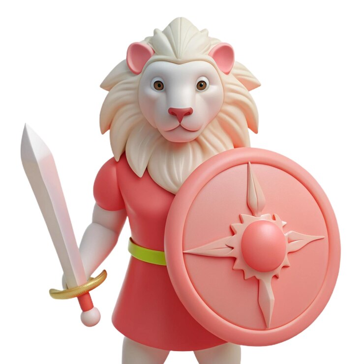 PSD un juguete de un león con un escudo y un escudo con un escuto en él