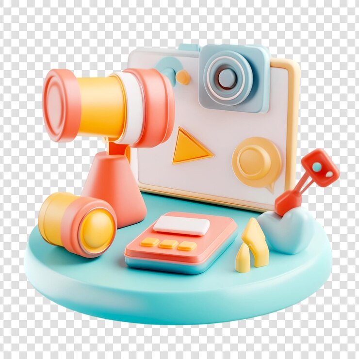 PSD juguete de pastel 3d render de la cámara telescopio y calculadora de la diversión de la exploración de la tecnología