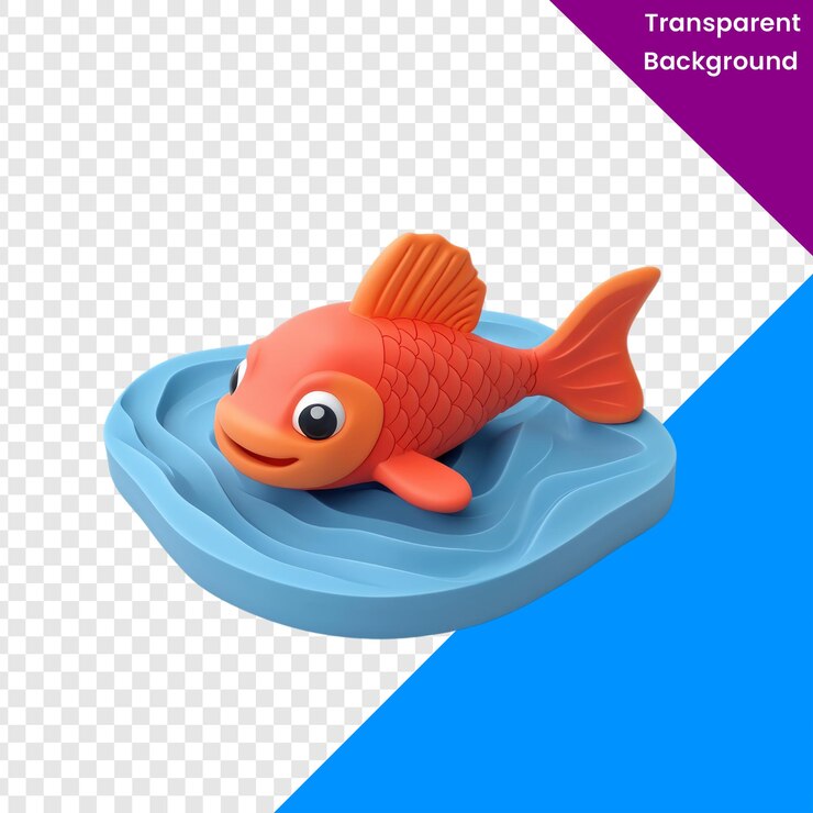 PSD juguete de pescado colorido en superficie azul con transparencia