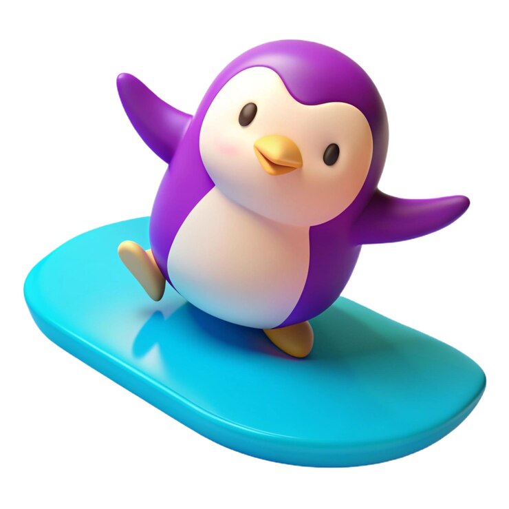 PSD un juguete de pingüino en una tabla de surf azul con un pico púrpura