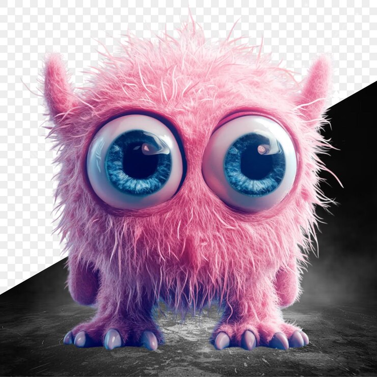 PSD un juguete púrpura esponjoso con ojos azules y un fondo negro