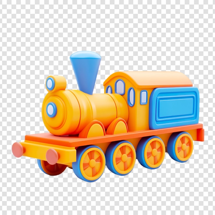 PSD juguete de tren de dibujos animados bonito ruedas azules naranjas locomotora niño jugar divertido renderizado en 3d