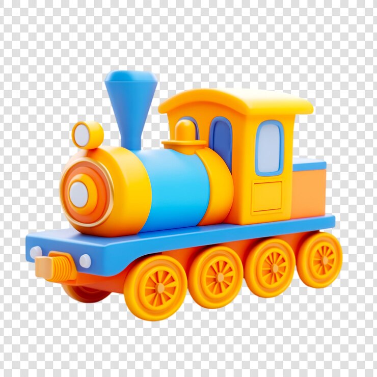 PSD juguete de tren de dibujos animados bonito ruedas azules naranjas locomotora niño jugar divertido renderizado en 3d