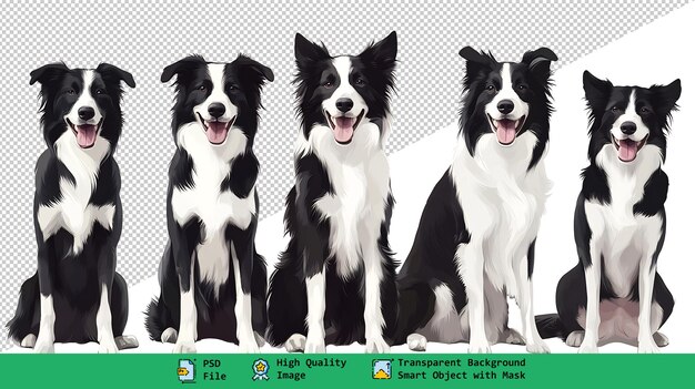 El juguetón Border Collie posa cinco imágenes adorables para proyectos de diseño sobre un fondo transparente