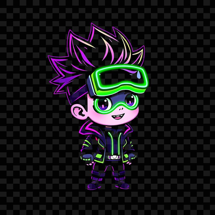 PSD el juguetón chibi boy con el cabello puntiagudo vestido cyberpunk futurista gafas verdes brillantes púrpura de neón