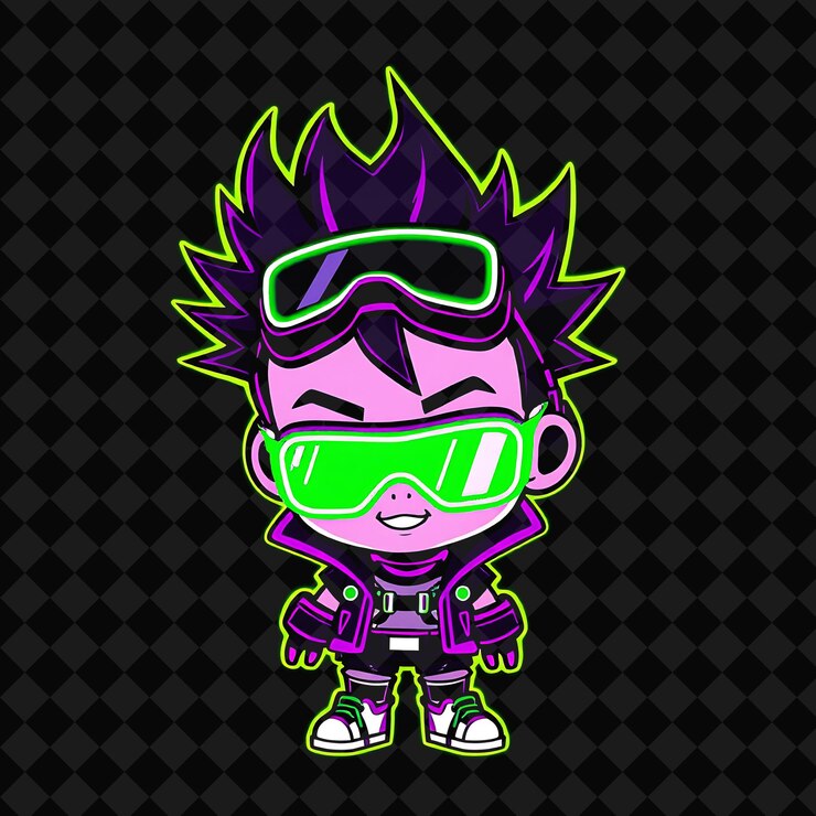 PSD el juguetón chibi boy con el cabello puntiagudo vestido cyberpunk futurista gafas verdes brillantes púrpura de neón