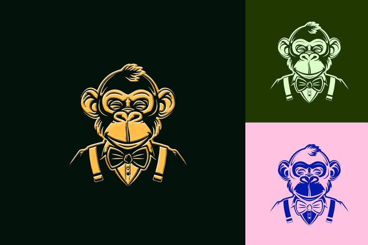 PSD el juguetón logotipo de la mascota del mono con una pajarita y colgantes de diseños vectoriales abstractos lindos