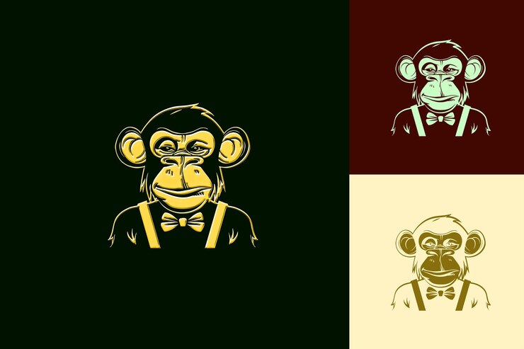 PSD el juguetón logotipo de la mascota del mono con una pajarita y colgantes de diseños vectoriales abstractos lindos