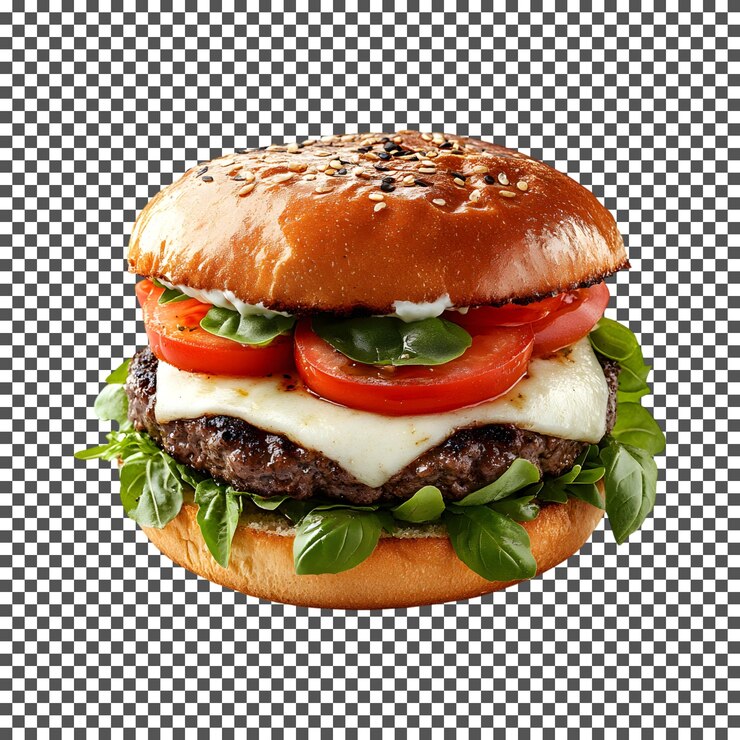 PSD juicy beef burger con mozzarella isolato su uno sfondo trasparente