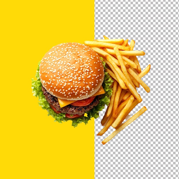 Juicy Beef Burger con patatine fritte trasparenti su sfondo istocato