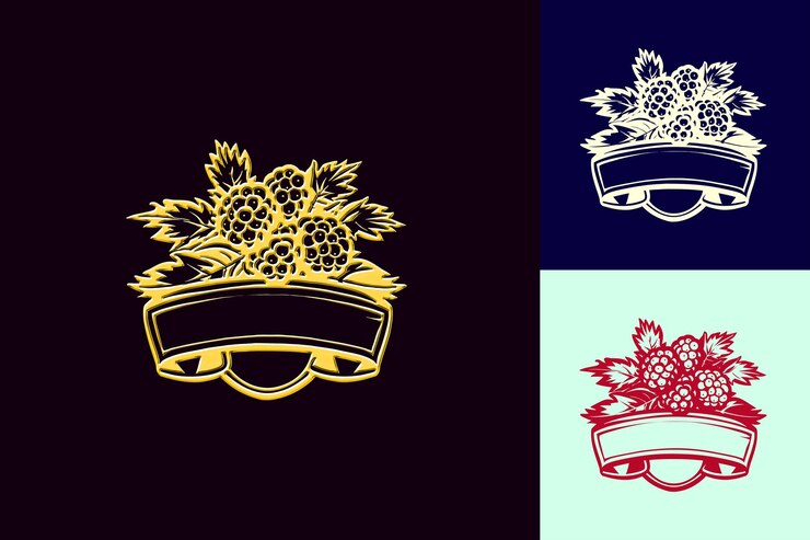 PSD juicy boysenberry emblem logo con cinta vintage y botani diseños vectoriales creativos y minimalistas