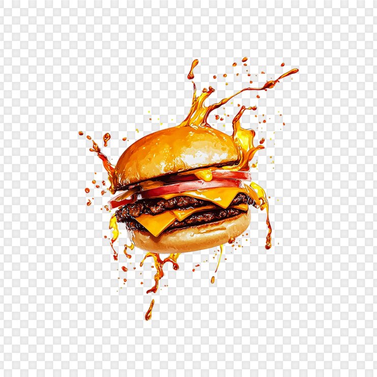 PSD juicy cheeseburger splash aislado sobre un fondo transparente