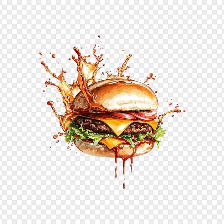 PSD juicy cheeseburger splash auf einem durchsichtigen hintergrund