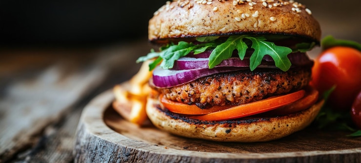 PSD juicy veggie burger con sesamo, cipolla rossa, pomodoro e arugula