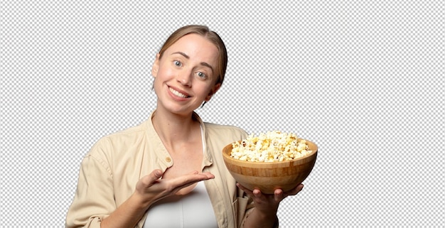 junge blonde erwachsene Frau mit Popcorn
