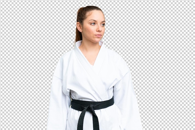 Junge blonde Frau macht Karate über isolierter Chromakey-Hintergrund, die zur Seite schaut