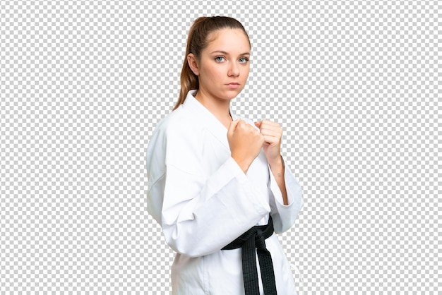 Junge blonde Frau über isolierter Chroma-Schlüssel-Hintergrund, die Karate macht