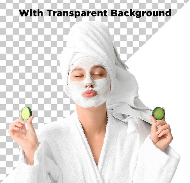 Junge Dame im Bademantel mit Gesichtsmaske Gurkenstücken PNG PSD Isoliert auf durchsichtigem Hintergrund