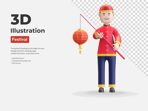 Junge, der chinesische laterne hält, die das chinesische neujahrsfest feiert 3d render illustration