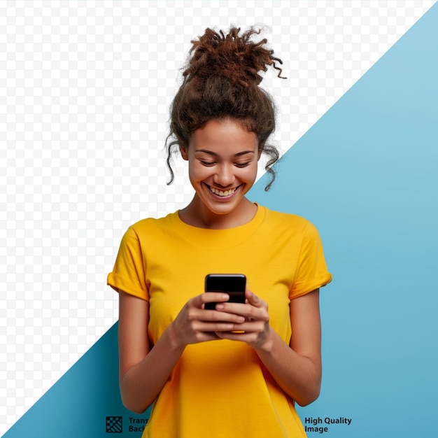 Junge erwachsene lächelnde, glückliche, hübsche lateinamerikanische frau, die ein mobiltelefon in der hand hält und auf das smartphone schaut, eine nachricht tippt und e-commerce-einkäufe auf dem handy macht, indem sie trendige apps auf dem handy nutzt, isoliert auf blauem grund