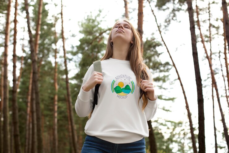 Junge Erwachsene tragen ein T-Shirt mit Waldbekleidung