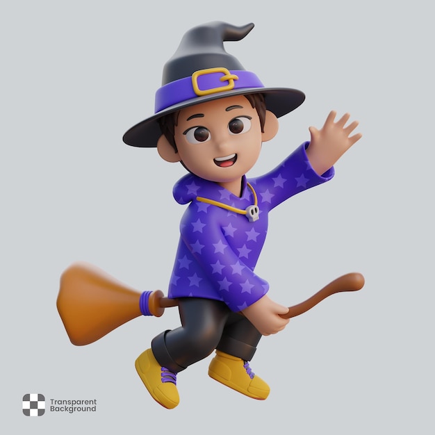 PSD junge figur im zaubererkostüm mit fliegendem zauberbesen halloween-party-feier 3d-illustration