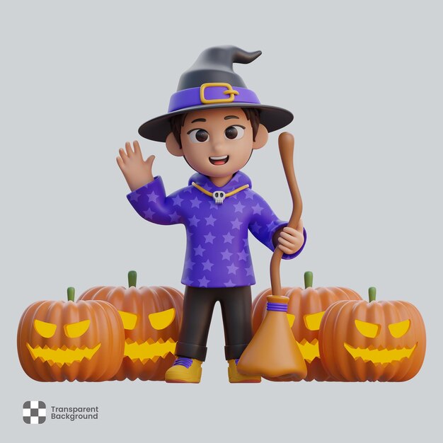 Junge Figur im Zaubererkostüm mit Kürbis-Jack-O-Laterne-Halloween-Party 3D-Illustration