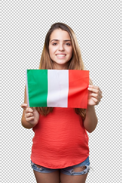 PSD junge frau, die eine italien-flagge auf weiß hält