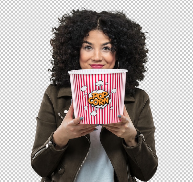 Junge Frau, die Popcorn hält