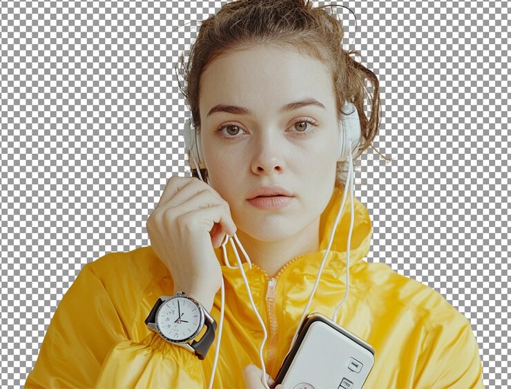 PSD junge frau hört musik, während sie eine gelbe jacke und eine uhr trägt