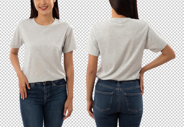 Junge Frau im grauen T-Shirt-Mockup-Ausschnitt Psd-Datei