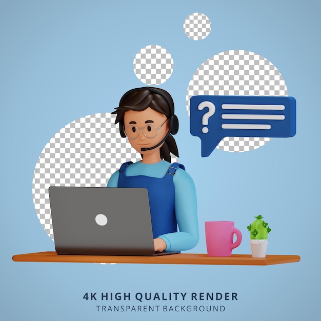 Junge Frau macht Kundenbetreuung 3D-Cartoon-Charakter-Illustration