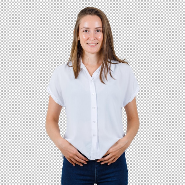 Junge Frau steht in weißer Bluse und sieht optimistisch aus