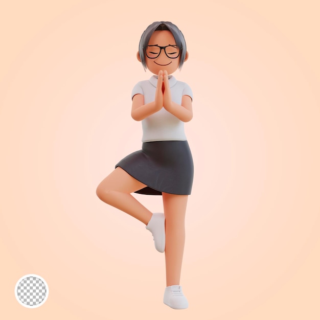 Junge geschäftsfrau yoga-pose 3d-cartoon-illustration