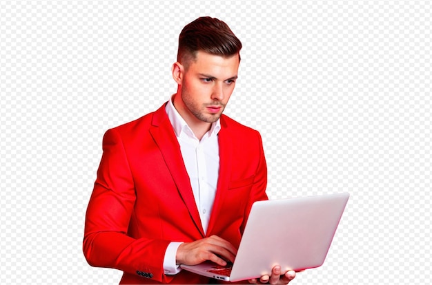 Junge Geschäftsmann mit kurzen Haaren, Hemd und Anzug mit Laptop, professioneller, konzentrierter Ausdruck