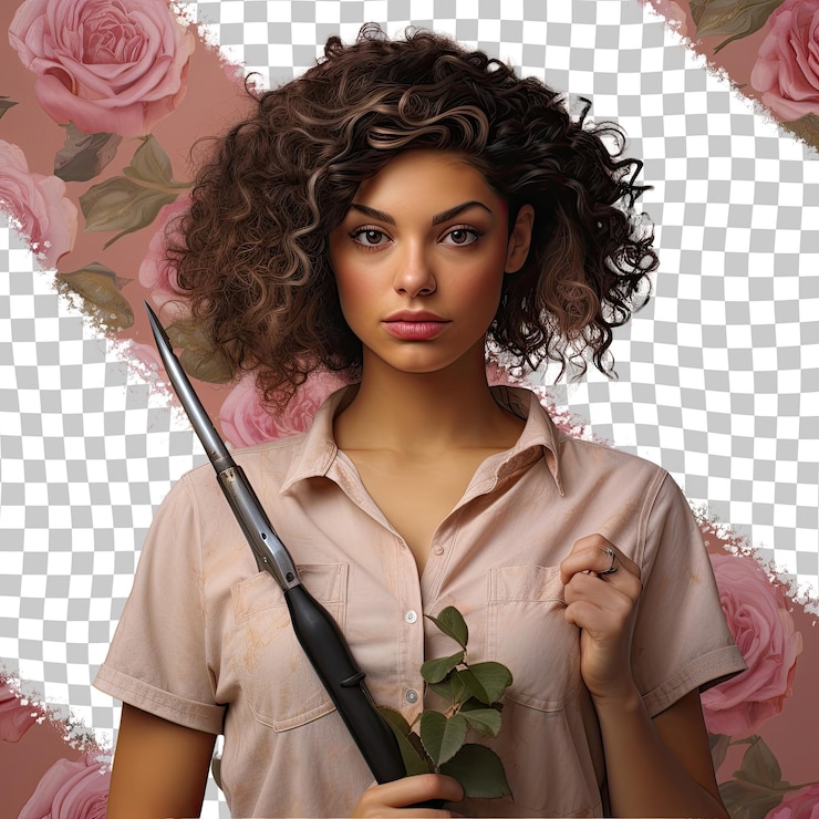 PSD junge hispanische frau zesty kinky haar dachdecker in hand bürsten stil pastell rose hintergrund
