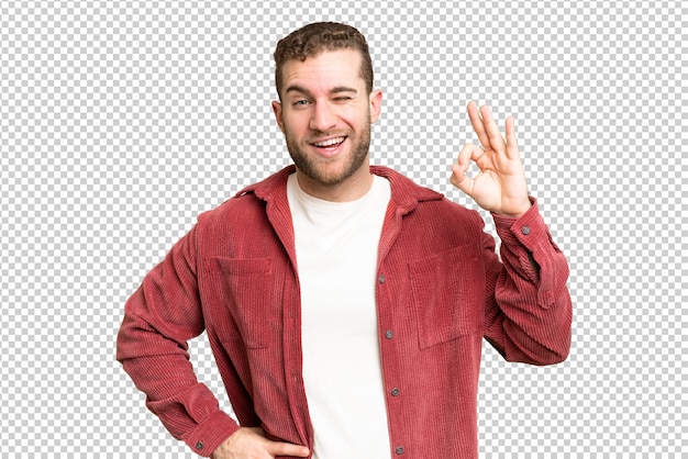 Junge, hübsche, blonde Mann über isolierter Chroma-Schlüssel-Hintergrund, der das OK-Zeichen mit den Fingern zeigt