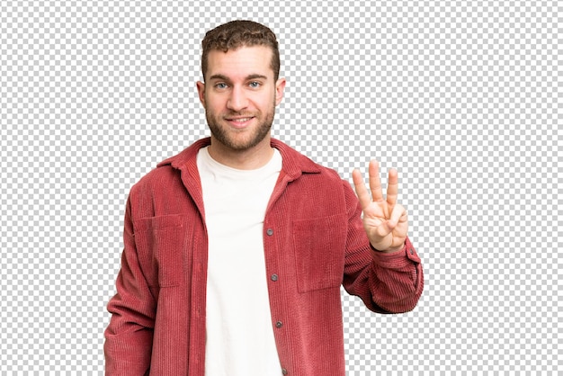 Junge, hübsche, blonde Mann über isolierter Chroma-Schlüssel-Hintergrund glücklich und zählt drei mit den Fingern