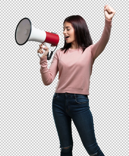 Junge hübsche Frau aufgeregt und euphorisch, schreiend mit einem Megaphon, Zeichen der Revolution und der Änderung und regen andere Leute an, sich zu bewegen, Führerpersönlichkeit