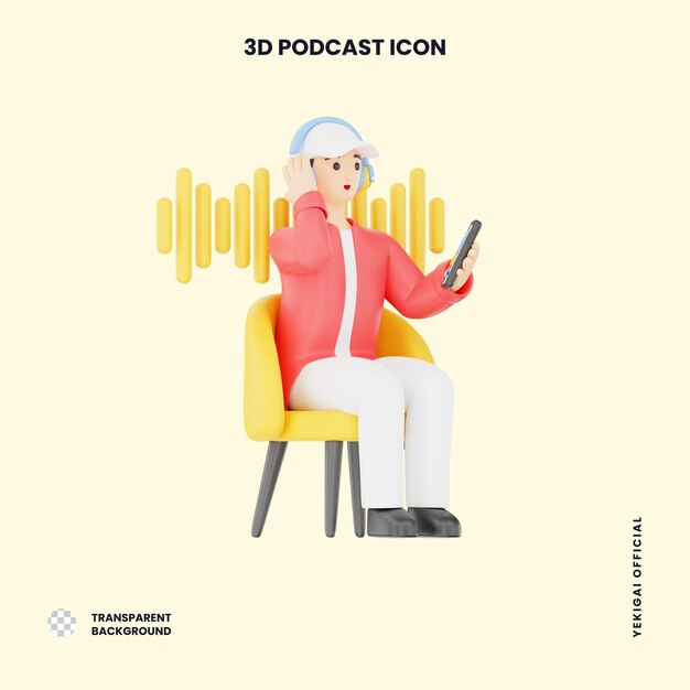 Junge Mann hört Podcast 3D Podcast Illustration für uiux Web-App Infografik usw.