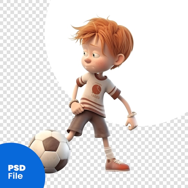 PSD junge mit einem fußball auf weißem hintergrund, 3d-rendering-psd-vorlage
