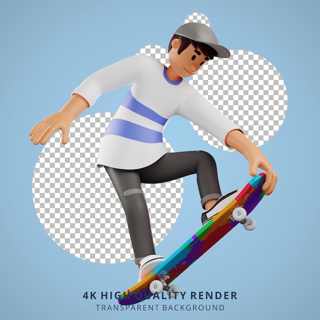 PSD junge mit hut ist skateboarding 3d-charakterillustration